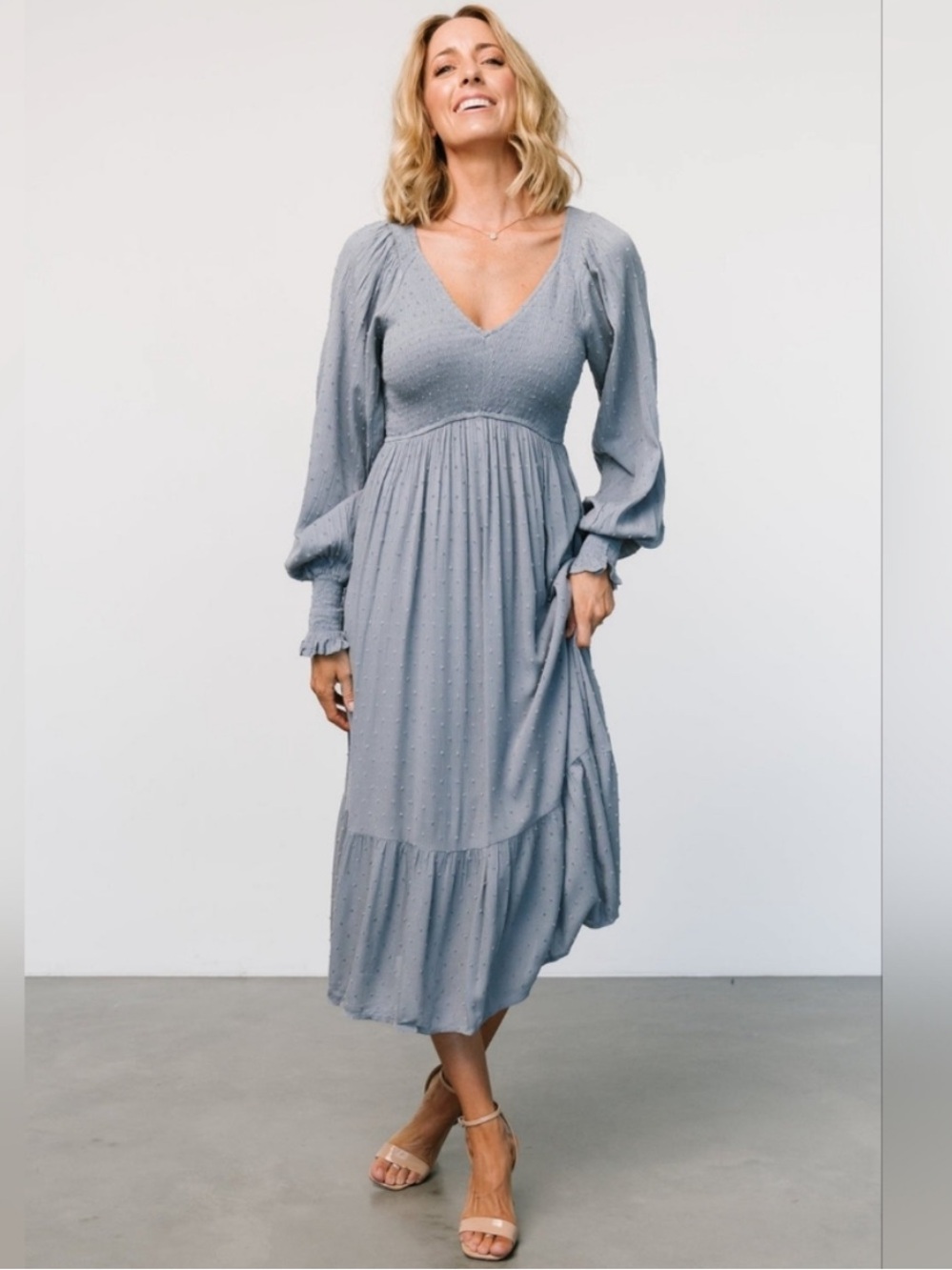 Baltic Born Lainey Smocked Dotted Midi Dress Dusty Blue Large NWT